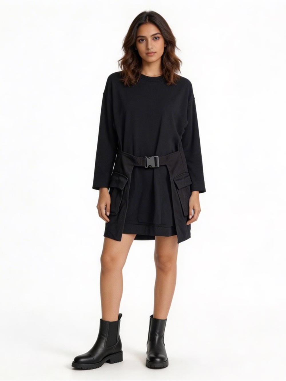 ZARA | Black Long Sleeve Utility Sweatshirt Mini Dress Sz M